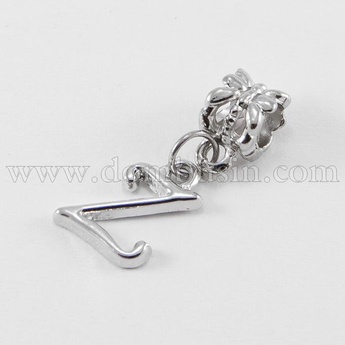 Шарми Евробусіни з Кулоном, Алфавіт, Буква "Z", Сплав, Колір: Платина, 24~30мм, Отвір 5мм, (УТ100007667)