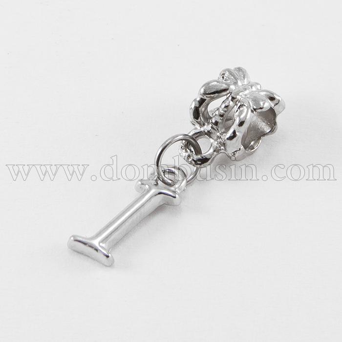 Шарми Евробусіни з Кулоном, Алфавіт, Буква "I", Сплав, Колір: Платина, 24~30мм, Отвір 5мм, (УТ100007669)