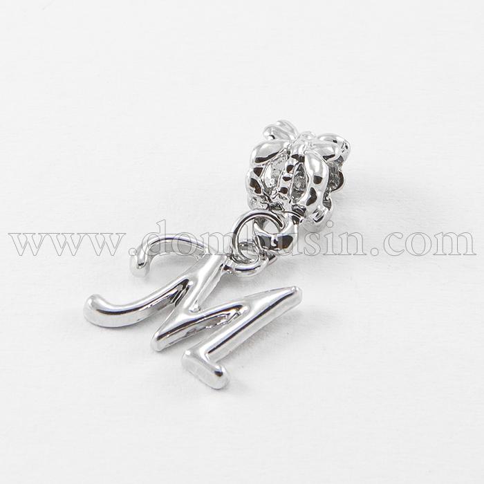 Шарми Евробусіни з Кулоном, Алфавіт, Буква "М", Сплав, Колір: Платина, 24~30мм, Отвір 5мм, (УТ100007678)