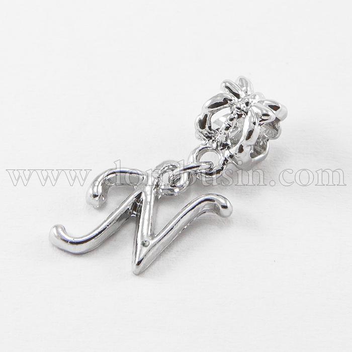 Шармы Евробусины с Кулоном, Алфавит, Буква "N", Сплав, Цвет: Платина, Размер: 24~30мм, Отв. 5мм, (УТ100007679)