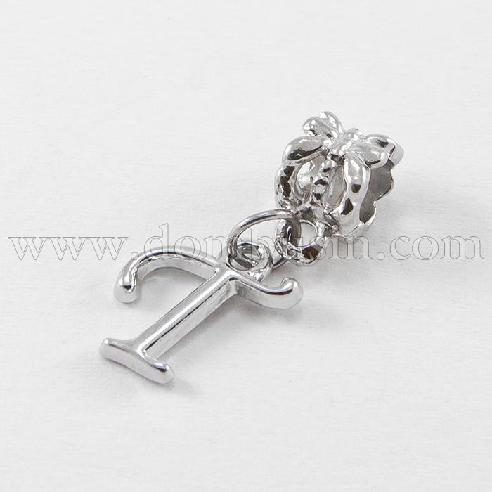 Шарми Евробусіни з Кулоном, Алфавіт, Буква "Т", Сплав, Колір: Платина, 24~30мм, Отвір 5мм, (УТ100007681)