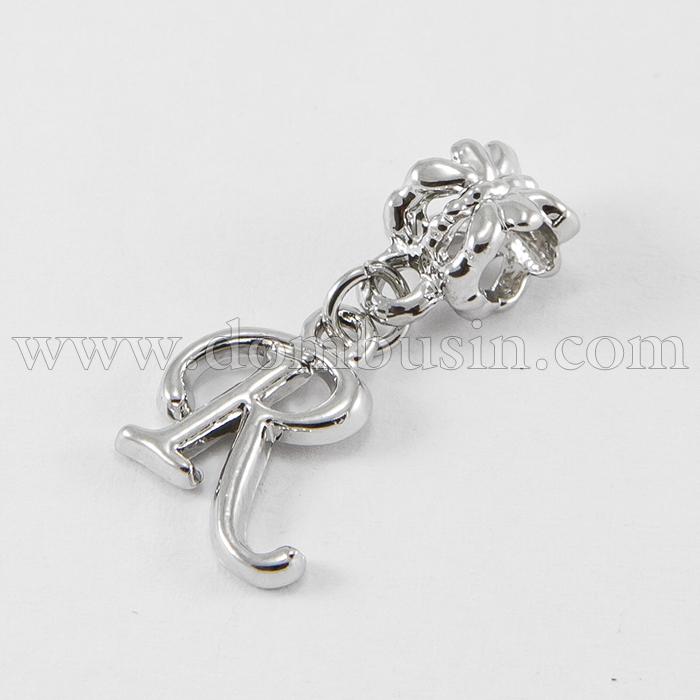 Шарми Евробусіни з Кулоном, Алфавіт, Буква "R", Сплав, Колір: Платина, 24~30мм, Отвір 5мм, (УТ100007683)