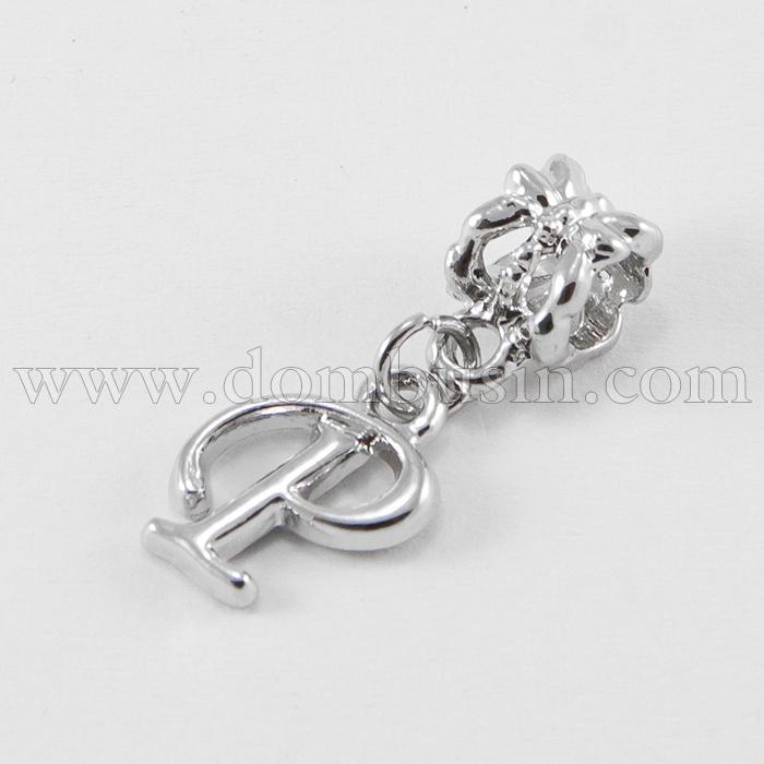 Шарми Евробусіни з Кулоном, Алфавіт, Буква "P", Сплав, Колір: Платина, 24~30мм, Отвір 5мм, (УТ100007685)