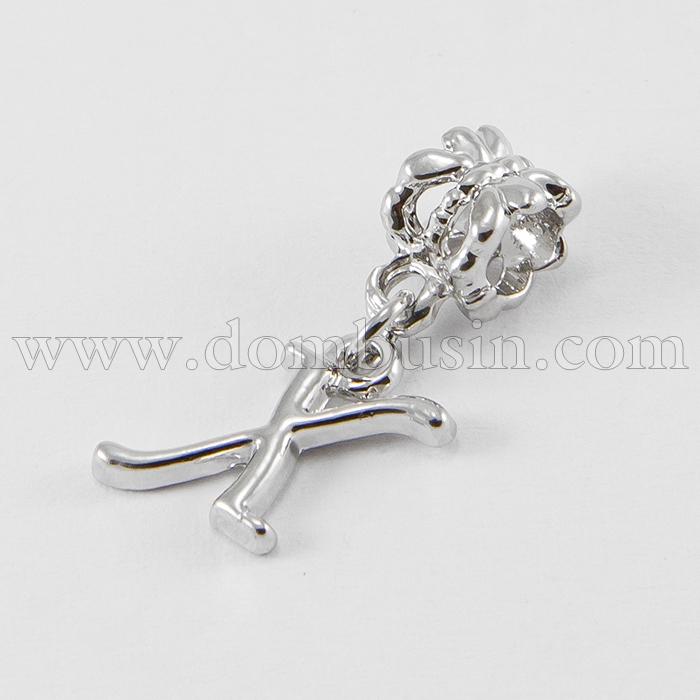 Шарми Євронамистини з Кулоном, Алфавіт, Буква "X", Сплав, Колір: Платина, Розмір: 24~30мм, Отвір 5мм, (УТ100007689)