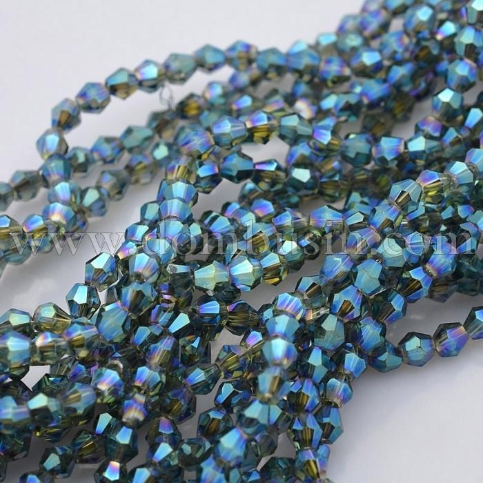 Намистини Гальваніка Скло АВ-Колір, Грановані, Біконус, Колір: Ціан, Розмір: 4х4мм, Отв-тя: 1мм, близько 120шт / 48см / нитка, (УТ100007033)