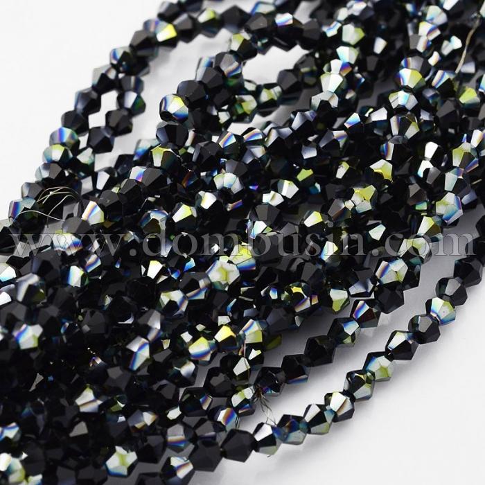 Намистини Гальваніка Скло АВ-Колір, Грановані, Біконус, Колір: Чорний, Розмір: 4х4мм, Отв-тя: 1мм, близько 102шт / 48см / нитка, (УТ100007034)