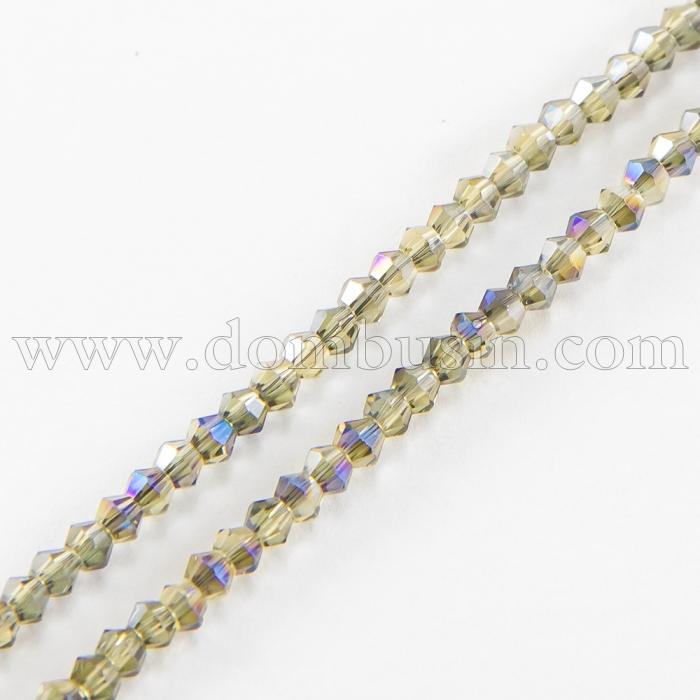 Бусины Гальваника Стекло, Граненые, Биконус, Цвет: Золотистый, Размер: 2х2мм, Отв-тие: 1мм, около 200шт/42см/нить, (УТ100007060)