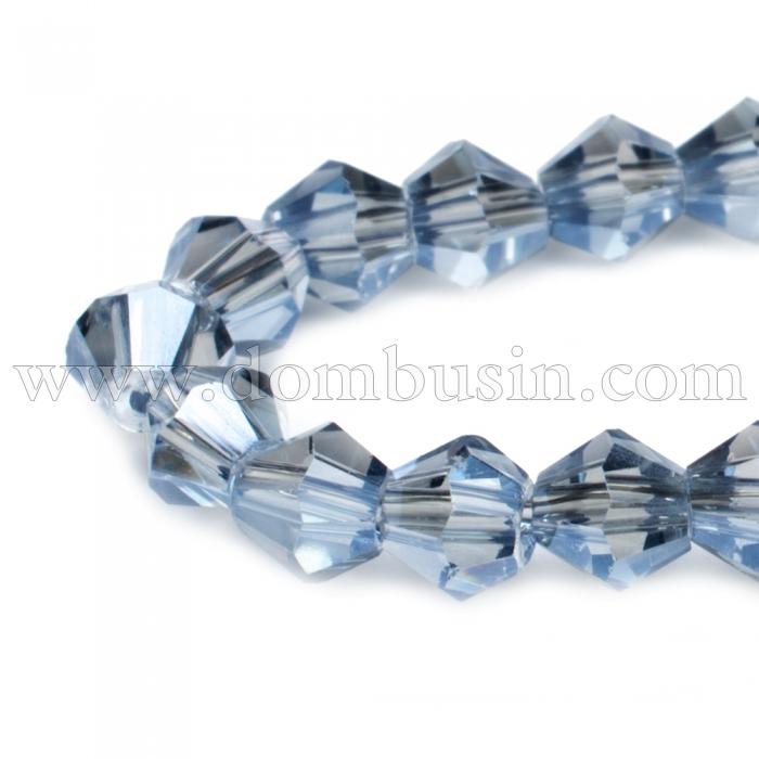 Бусины Гальваника Стекло, Граненые, Биконус, Цвет: Голубой, Размер: 3х3мм, Отв-тие: 1мм, около 138шт/44см/нить, (УТ100007040)