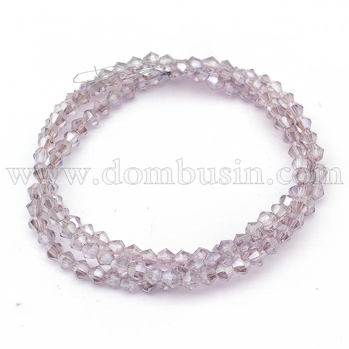 Бусины Гальваника Стекло, Граненые, Биконус, Цвет: Сиреневый, Размер: 3х3мм, Отв-тие: 1мм, около 136шт/45см/нить, (УТ100007045)