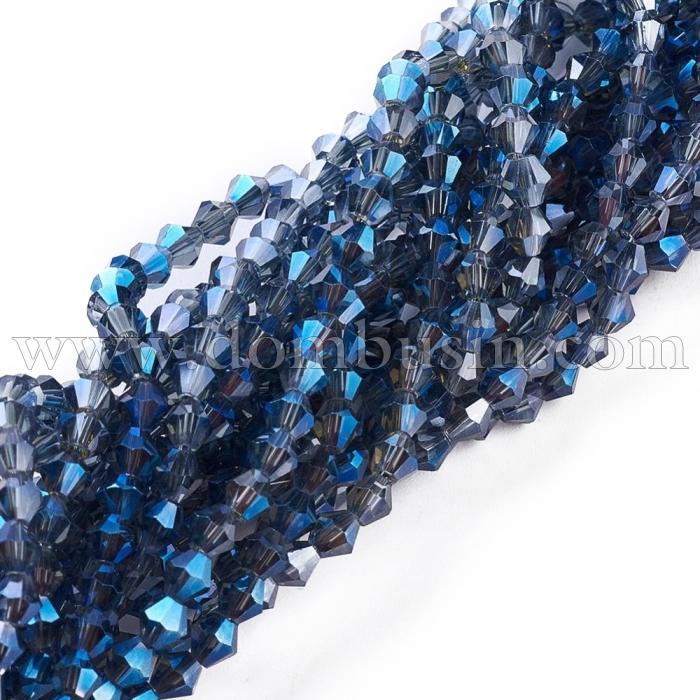Бусины Гальваника Стекло, Граненые, Биконус, Цвет: Синий, Размер: 3х3мм, Отв-тие: 1мм, около 138шт/42см/нить, (УТ100007046)
