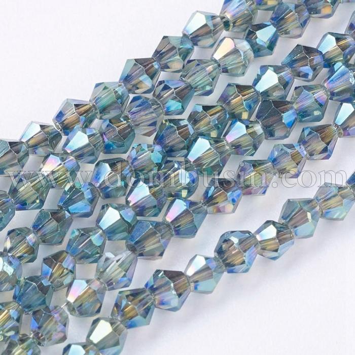 Бусины Гальваника Стекло, Граненые, Биконус, Цвет: Синий, Размер: 3х3мм, Отв-тие: 1мм, около 134шт/42см/нить, (УТ100007049)