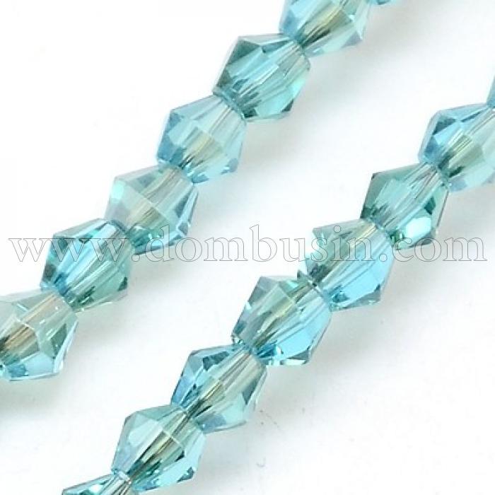 Бусины Гальваника Стекло, Граненые, Биконус, Цвет: Циан, Размер: 3х3мм, Отв-тие: 1мм, около 134шт/44см/нить, (УТ100007074)