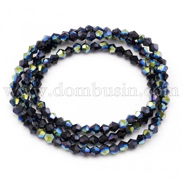 Бусины Гальваника Стекло, Граненые, Биконус, Цвет: Черный, Размер: 3х3мм, Отв-тие: 1мм, около 134шт/40см/нить, (УТ100007082)