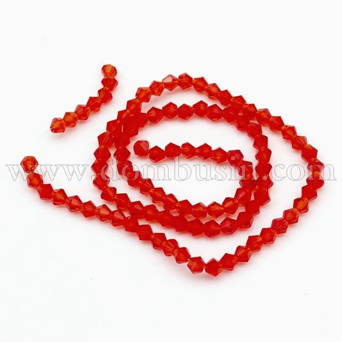 Бусины Граненые Биконус 4мм, Прозрачное Стекло, Цвет: Красный, Диаметр: 4мм, Отв-тие 1мм, около 70шт/26см/нить, (УТ100006971)