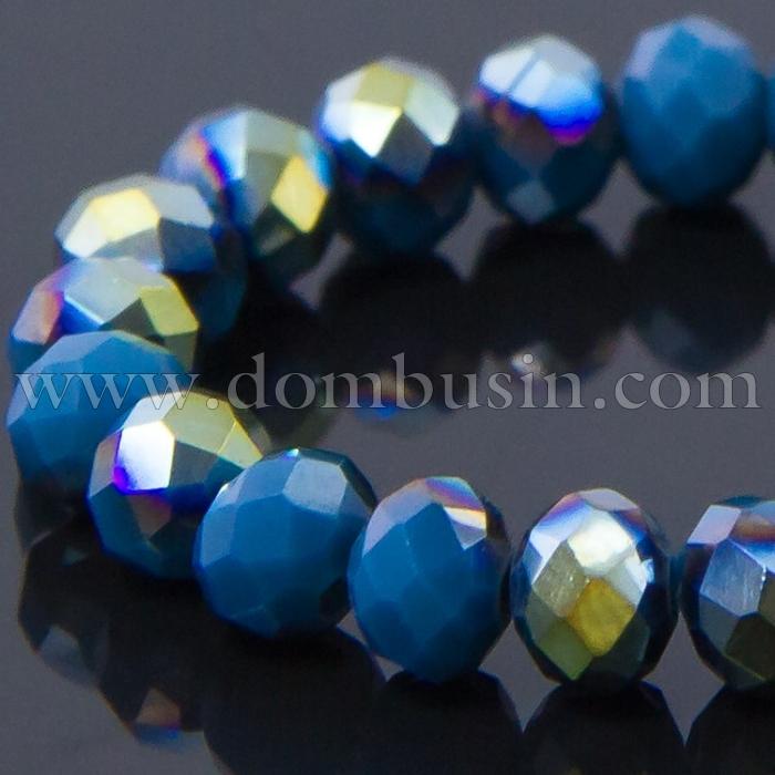 Бусины Гальваника Стекло АВ-Цвет, Полупокрытие, Непрозрачные, Граненые, Рондель, Цвет: Синий, Размер: 4х3мм, Отв-тие: 1мм, около 140шт/48см/нить, (УТ100007102)
