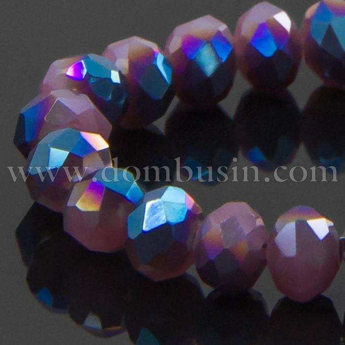 Бусины Гальваника Стекло АВ-Цвет, Полупокрытие, Непрозрачные, Граненые, Рондель, Цвет: Розовый, Размер: 4х3мм, Отв-тие: 1мм, около 140шт/48см/нить, (УТ100007103)