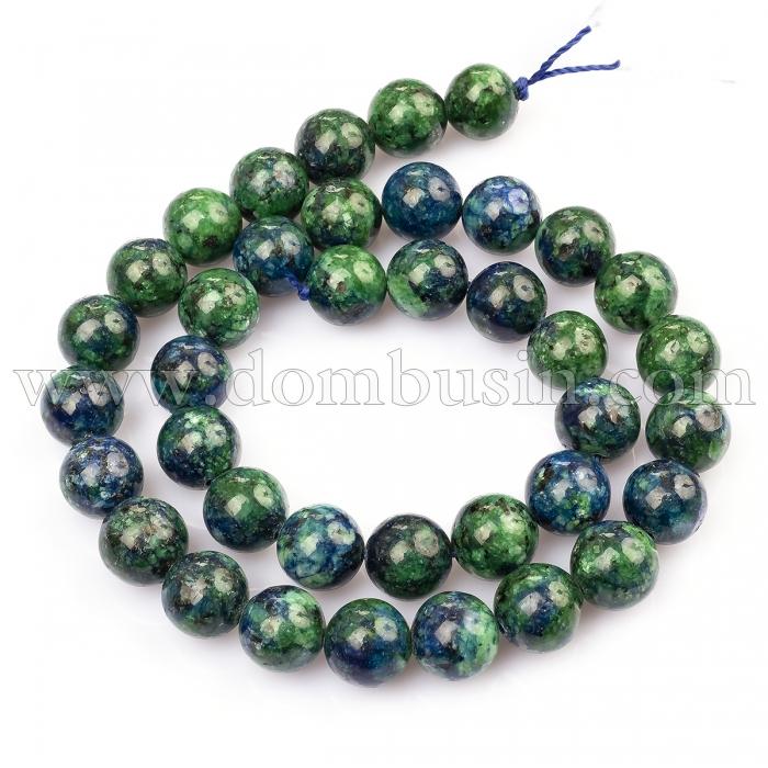 Бусины Натуральный Лазурит, Окрашенные, На нитях, Круглые, Цвет: Сине-зеленый, Размер: 10мм, Отв 1мм, около 38шт/39см/нить, (УТ100007999)