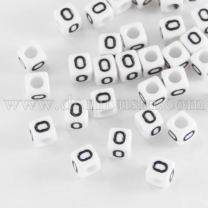 Намистини Акрилові Буква "О", Кубики, Колір: Білий, Розмір: 6х6х6мм, Отвір 3.2мм, близько 130шт/25г, (БА000000354)