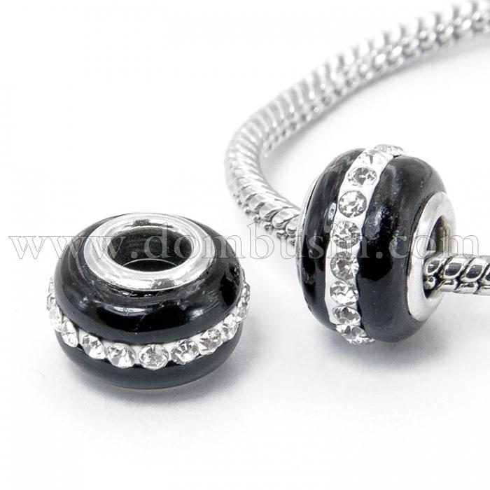 Шарми Евробусіни Лемпворк, Ручна Робота, Вставка з Латуні, Стрази Гірський Кришталь, Рондель, Колір: Чорний, Розмір: 13х9мм, Отв-тя 5мм, (УТ100008472)