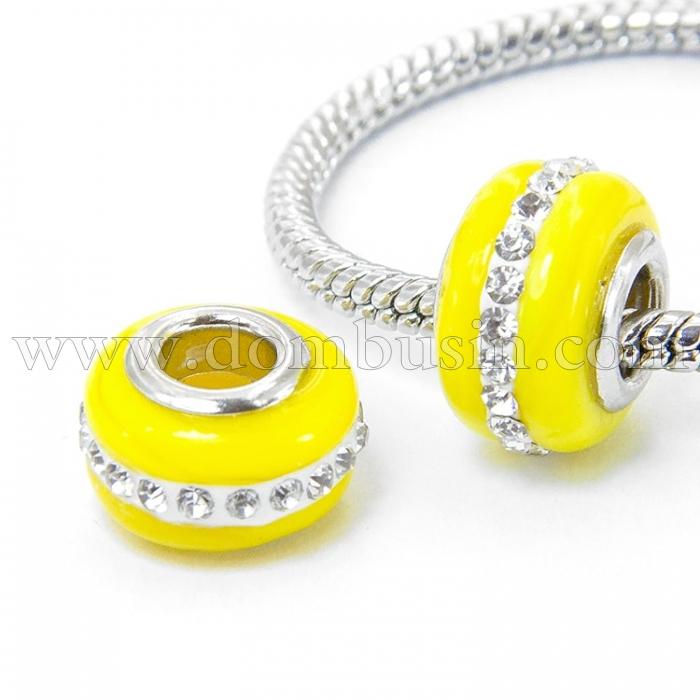 Шарми Евробусіни Лемпворк, Ручна Робота, Вставка з Латуні, Стрази Гірський Кришталь, Рондель, Колір: Жовто-зелений, Розмір: 13х9мм, Отв-тя 5мм, (УТ100008475)