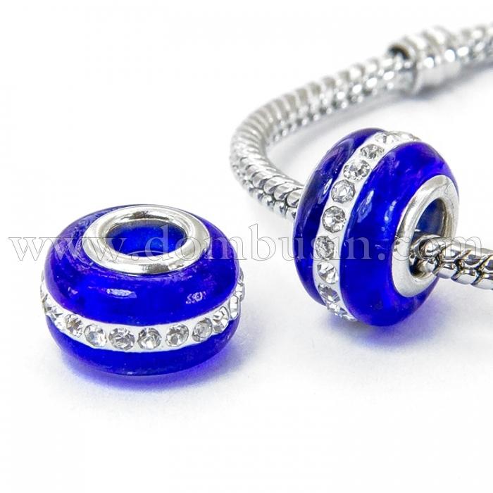 Шарми Евробусіни Лемпворк, Ручна Робота, Вставка з Латуні, Стрази Гірський Кришталь, Рондель, Колір: Темно-синій, Розмір: 13х9мм, Отв-тя 5мм, (УТ100008476)