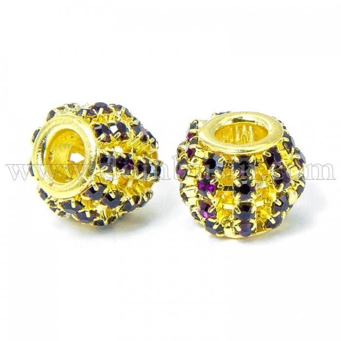 Шармы Евробусины Латунь и Стразы, Рондель, Цвет металла: Золото, Цвет Страз: Темный аметист, Размер: 12х10мм, Отв. 4мм, (УТ0030433)