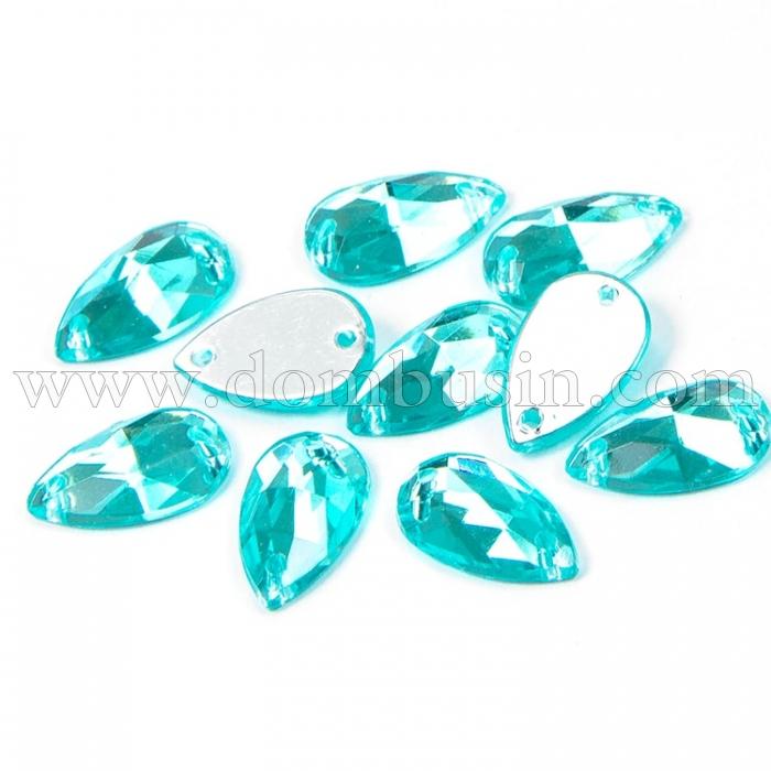 Пришивні Акрилові Стрази, 2 отвори, Крапля, Колір: Ціан, Розмір: 13х8х3.5мм, Отв-тя 1мм, (УТ100008621)
