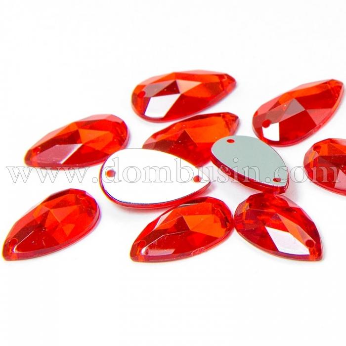 Пришивні Акрилові Стрази, 2 отвори, Крапля, Колір: Червоно-оранжевий, Розмір: 16х10х4мм, Отв-тя 1мм, (УТ100008629)
