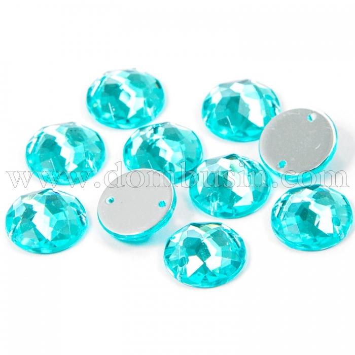 Пришивные Акриловые Стразы, 2 отверстия, Круглые, Цвет: Циан, Размер: 12х4мм, Отв-тие 1мм, (УТ100008639)