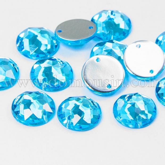 Пришивные Акриловые Стразы, 2 отверстия, Круглые, Цвет: Голубой, Размер: 12х4мм, Отв-тие 1мм, (УТ100008641)