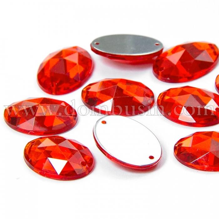 Пришивні Акрилові Стрази, 2 отвори, Овальні, Колір: Червоно-оранжевий, Розмір: 18х13х5мм, Отв-тя 1мм, (УТ100008654)