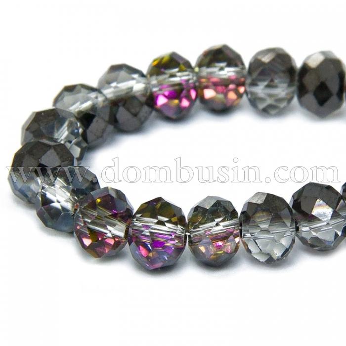 Намистини Гальваніка Скло АВ-Колір, Грановані, Рондель, Колір: Чорний, Розмір: 6х4мм, Отв-тя: 1мм, близько 100шт / 46см / нитка, (УТ100009212)