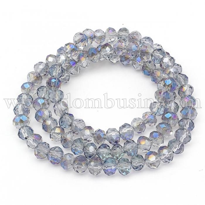 Намистини Гальваніка Скло АВ-Колір, Грановані, Рондель, Колір: Блакитний, Розмір: 6х4мм, Отв-тя: 1мм, близько 100шт / 46см / нитка, (УТ100009221)