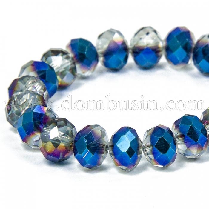 Намистини Гальваніка Скло АВ-Колір, Грановані, Рондель, Колір: Синій, Розмір: 6х4мм, Отв-тя: 1мм, близько 100шт / 46см / нитка, (УТ100009236)