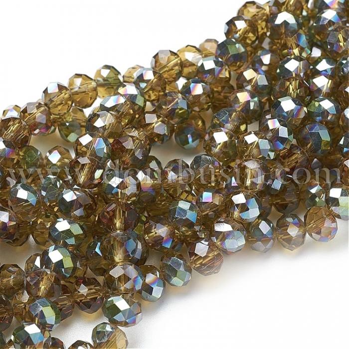 Намистини Гальваніка Скло АВ-Колір, Грановані, Рондель, Колір: Світло-коричневий, Розмір: 3х2мм, Отв-тя: 1мм, близько 100шт / 25см / нитка, (УТ100009257)