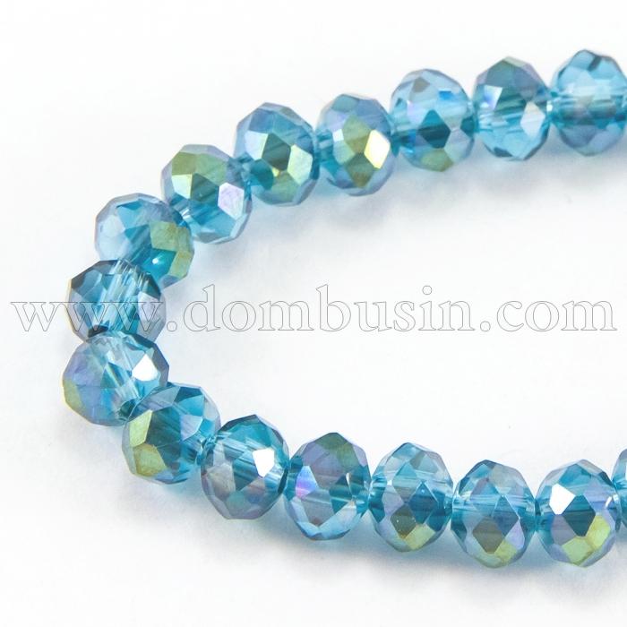 Бусины Гальваника Стекло АВ-Цвет, Граненые, Рондель, Цвет: Циан, Размер: 4х3мм, Отв-тие: 1мм, около 140шт/42см/нить, (УТ100009259)