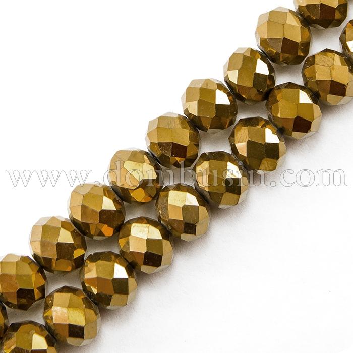 Намистини Гальваніка Скло АВ-Колір, Грановані, Рондель, Колір: Золотистий, Розмір: 3х2мм, Отв-тя: 1мм, близько 100шт / 25см / нитка, (УТ100009272)