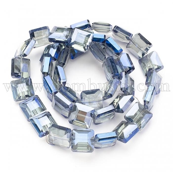 Намистини Гальваніка Скло АВ-Колір, Грановані, Квадрат, Колір: Сіро-синій, Розмір: 13x13x7.5мм, Отв-тя: 2 мм, близько 40шт / 52см / нитка, (УТ100009298)