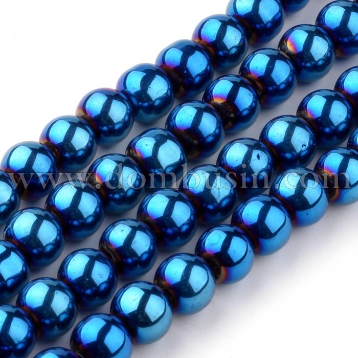 Бусины Стекло Гальваника, Металлизированные, Круглые, Цвет: Синий, Диаметр: 8мм, Отв-тие 1мм, около 40шт/32см/нить, (УТ100009519)