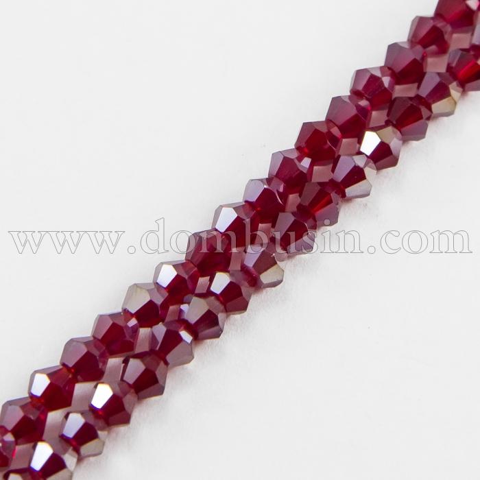 Бусины Гальваника Стекло АВ-Цвет, Граненые, Биконус, Цвет: Красный, Размер: 4х4мм, Отв-тие: 1мм, около 104шт/48см/нить, (УТ100010683)