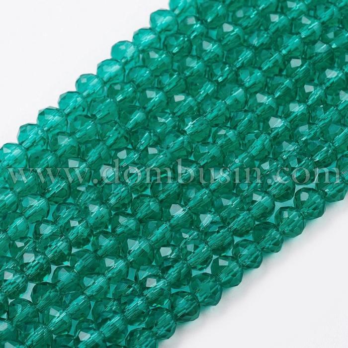 Бусины Стеклянные, Рондель, прозрачные, Цвет: Сине-зеленый, Размер: Диаметр: 4мм, Толщина: 3мм, Отверстие 1мм, 152шт/46см/нить (УТ100009507)