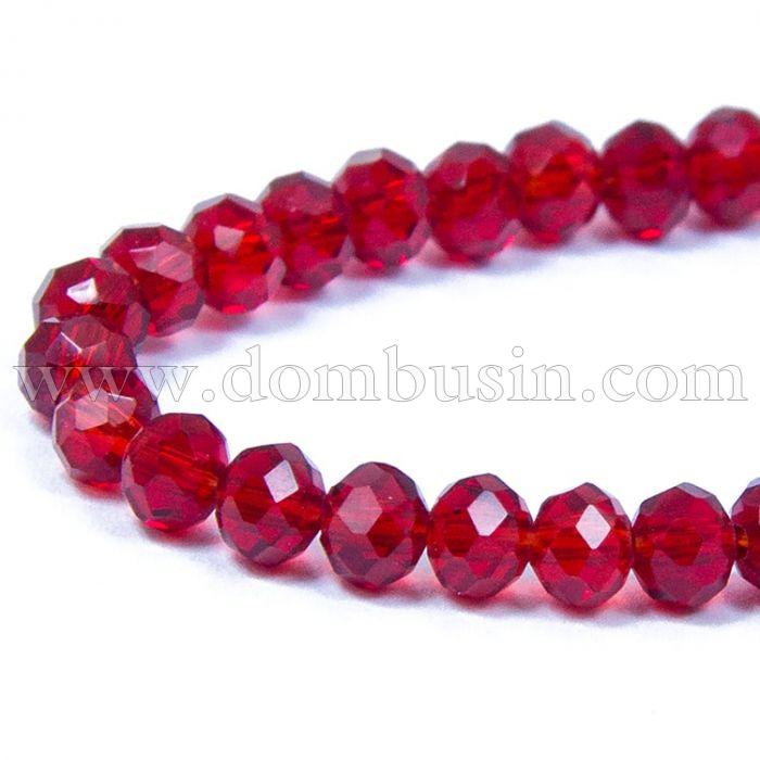 Бусины Стеклянные, Рондель, прозрачные, Цвет: Красный, Размер: Диаметр: 4мм, Толщина: 3мм, Отверстие 1мм, 150шт/44см/нить (УТ100010685)