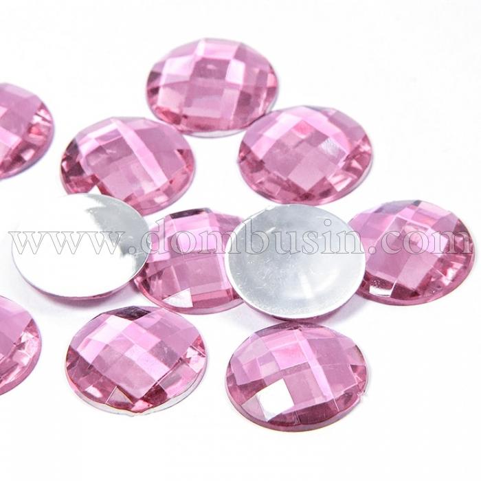 Акриловые Стразы - Кабошоны, Граненые, Плоские Круглые, Цвет: Розовый, Размер: 16x5.5мм, (УТ100009491)