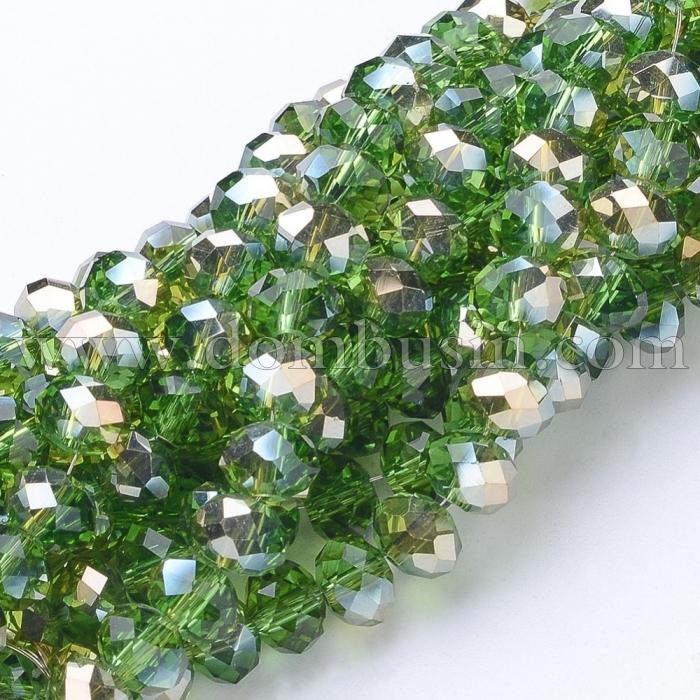 Бусины Гальваника Стекло АВ-Цвет, Граненые, Рондель, Цвет: Зеленый, Размер: 8х5мм, Отв-тие: 1мм, около 70шт/42см/нить, (УТ100009239)