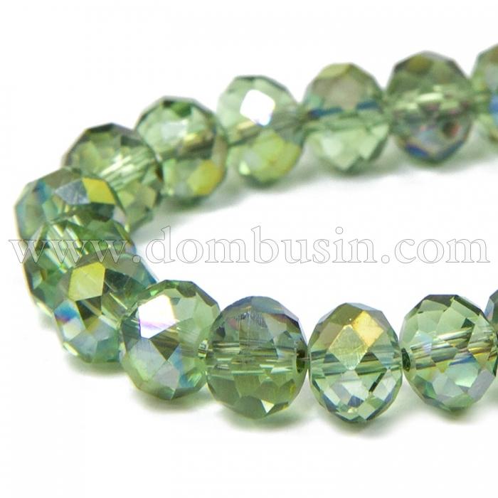 Бусины Гальваника Стекло АВ-Цвет, Граненые, Рондель, Цвет: Светло-зеленый, Размер: 8х5мм, Отв-тие: 1мм, около 70шт/42см/нить, (УТ100009242)