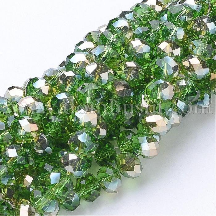 Бусины Гальваника Стекло АВ-Цвет, Граненые, Рондель, Цвет: Зеленый, Размер: 4х3мм, Отв-тие: 1мм, около 140шт/42см/нить, (УТ100009238)