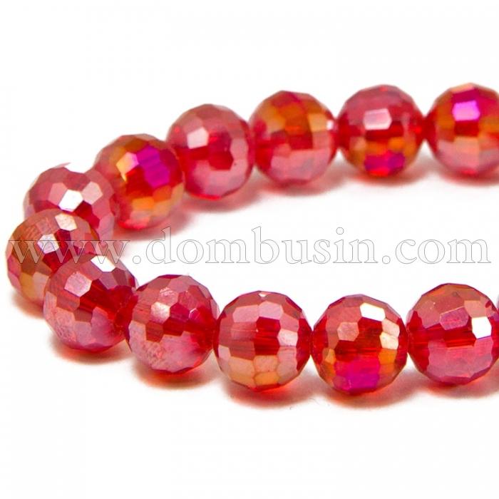 Бусины Стекло с Гальваникой, Граненые, АВ-цвет, Круглые, Цвет: Красный, Диаметр 8мм, Отв. 1мм, около 72шт/43см/нить, (УТ100009277)