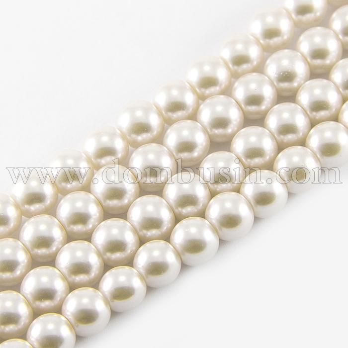 Жемчуг Бусины Стекло 4мм, Глянец, окрашены экокраской, на нити из смесового хлопка, Круглые, Цвет: Морской Жемчуг, Диаметр: 4мм, Отв. 1мм, около 100шт/40см/нить, (УТ100010582)