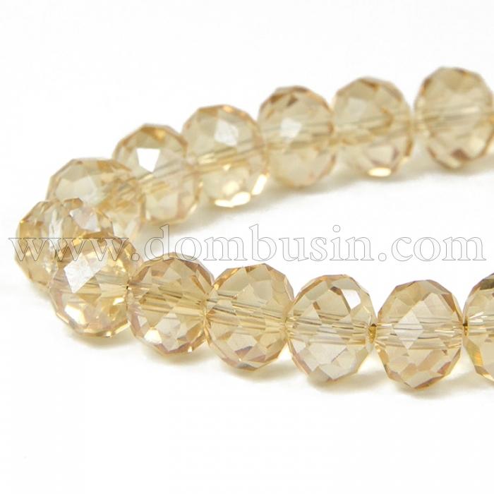 Намистини Гальваніка Скло, Грановані, Рондель, Колір: Бежевий, Розмір: 10x7.5мм, Отв-тя: 2 мм, близько 72шт / 54см / нитка, (УТ100009172)