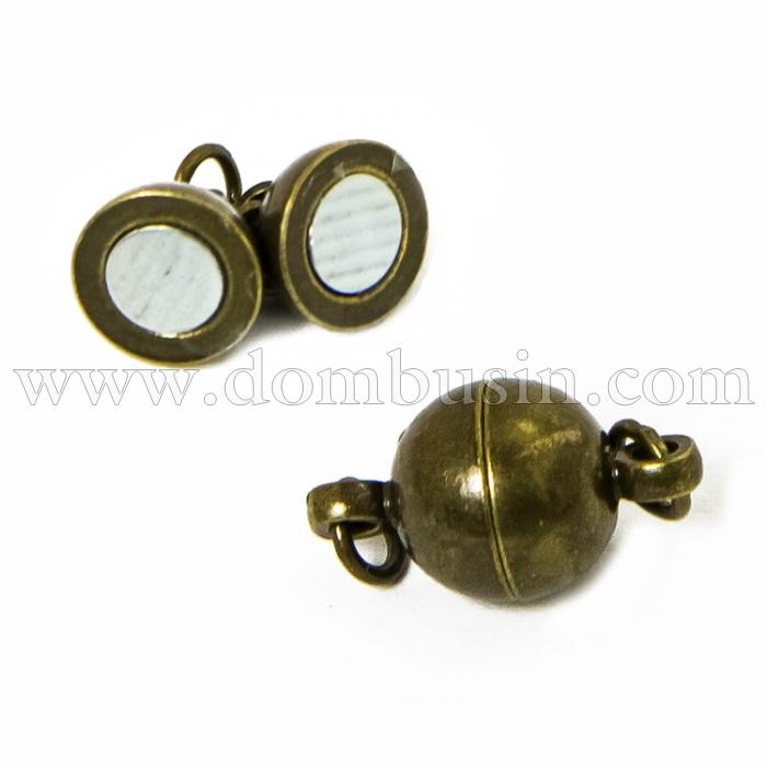Застібка Магнітна, Латунь, Кругла з Колечками, Колір: Бронза, 14х8мм, Отвір 2 мм, Кільця 4х0.7мм, (УТ100011234)